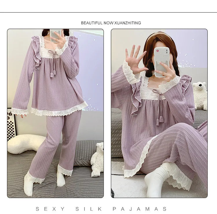 5XL Plus Size Spring Ladies Pajamas Set Princess Style Cotton Soft Sleepwear Square Neck Long-sleeve Trousers suit Household Wear