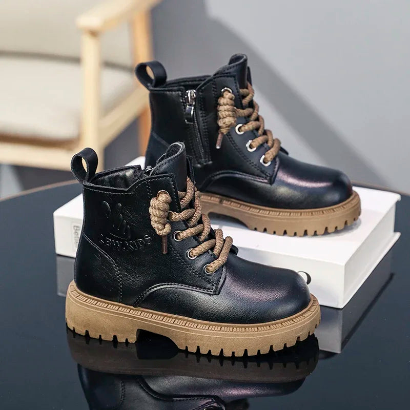 Kid's Winter Cotton Boots Plus Velvet Thickening Water Proof Retro Black Trendy All-match Leather Casual Boys Girls Ankle Boot