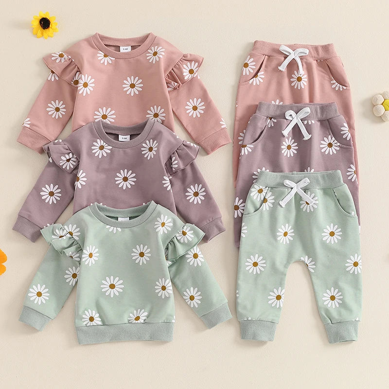 2026 Lorrainian Toddler Girl Fall Outfit Daisy Print Long Sleeve Sweatshirt with Elastic Waist Pants 2 Pcs Set
