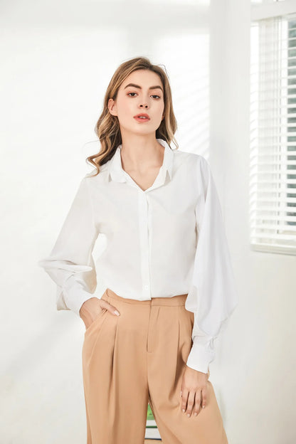 Lantern Sleeves Vintage Shirts Women Elegant White Women's Blouse with Lush Sleeves 2026 Fashion Button Up Shirt Black dropship