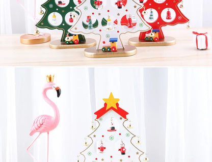 Holiday Tabletop Décor Carved Wood Xmas Tree 6 Hole Centerpiece for Mantel Scene Christmas Village Diorama Craft Ornament