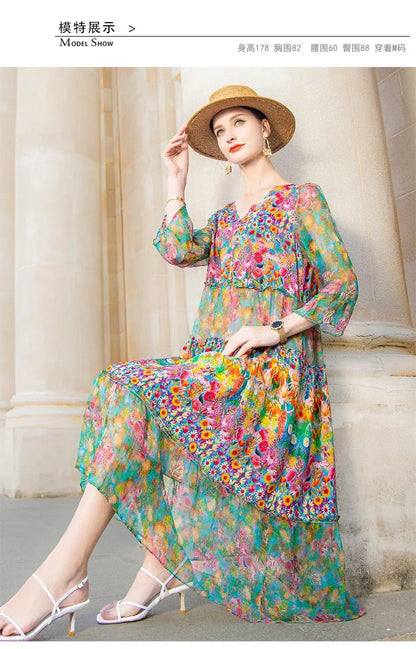 High Quality Summer 2025 Beach Boho Vintage Print Chiffon V Neck Dress Elegant Party Robe Designer Vespids Loose Midi Dress