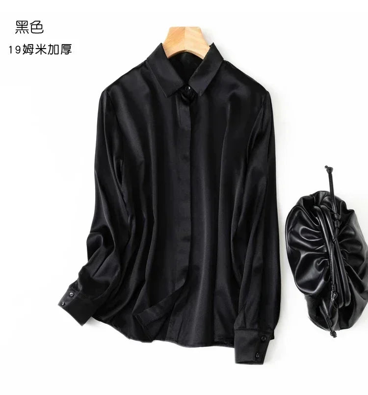 Tajiyane Women's 93% Mulberry Silk 7% Spandex 19 momme satin Silk Buttons long sleeve shirt Top Blouse office work chemise femme