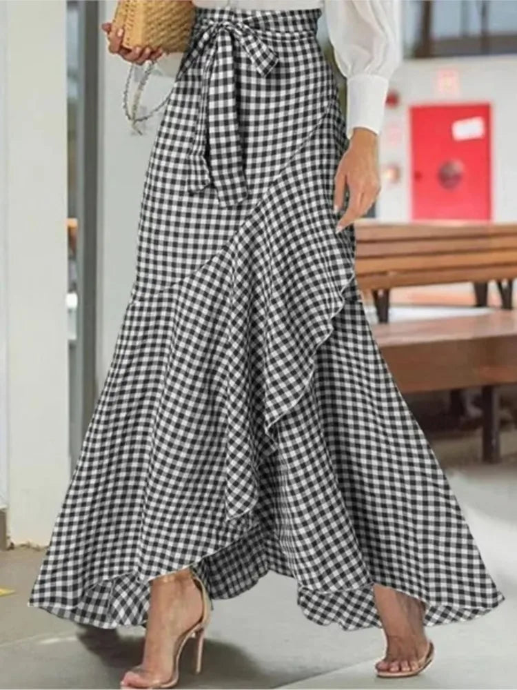 Spring Autumn Women Long Skirt High Waist Lace-up Ruffle Trim Plaid Print Bow Tie Irregular Hem Maxi Skirt Female 2026 New