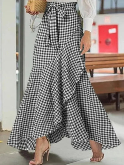 Spring Autumn Women Long Skirt High Waist Lace-up Ruffle Trim Plaid Print Bow Tie Irregular Hem Maxi Skirt Female 2026 New
