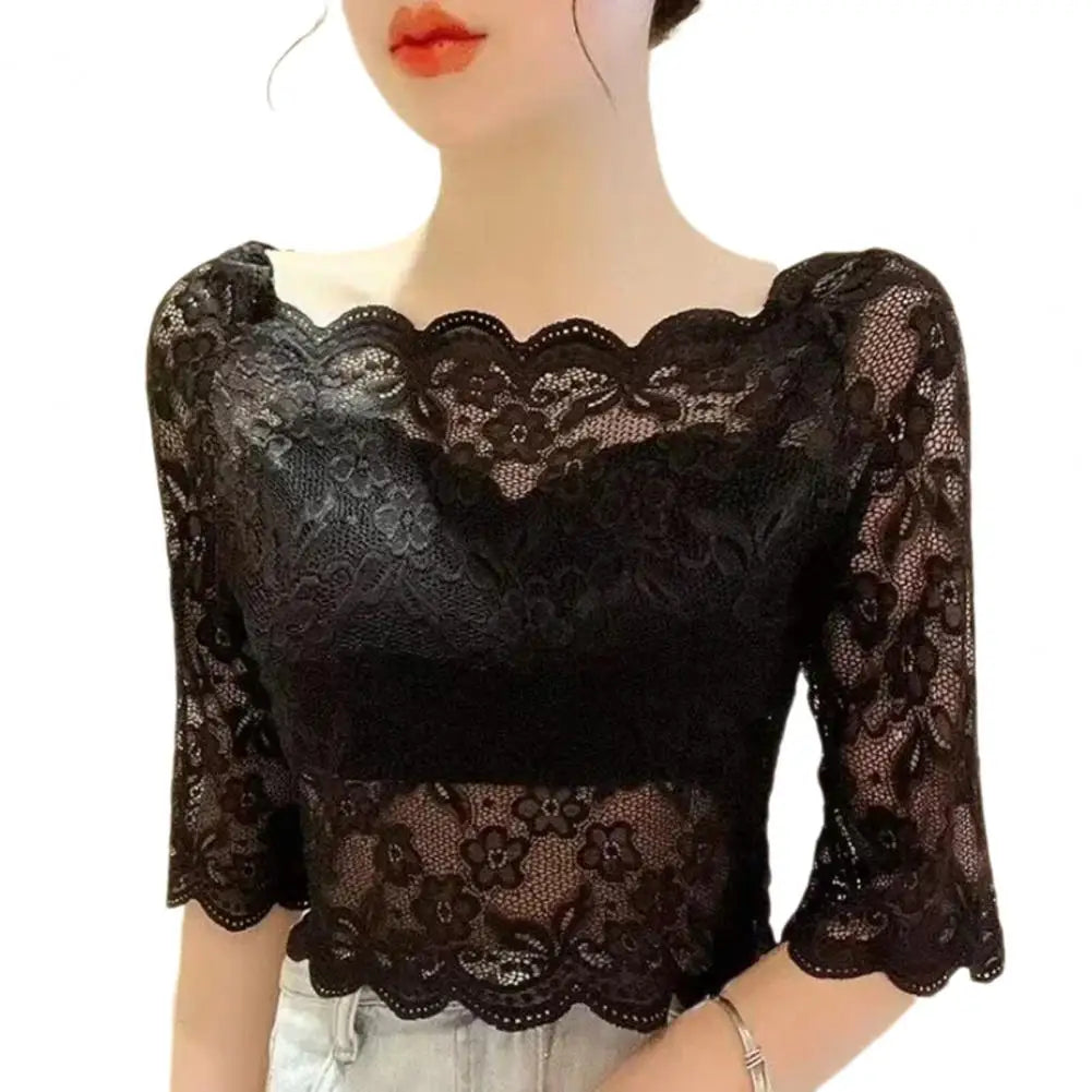 Women Lace Tops Summer Cropped Tops One-word Collar Half Sleeve Blouse Floral Plaid Sheer Sexy Top Embroidery Lace Pullover Tops
