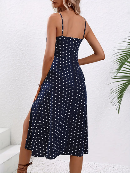 2026 Summer Sexy Spaghetti Straps Dress Women Fashion Polka Dot Print Sleeveless Slit Dress Boho Casual Beach Midi Dresses