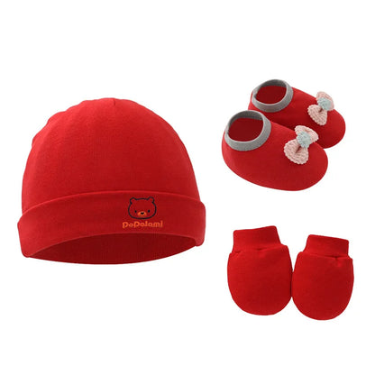 New Newborn Baby Cotton Beanies Hospital Hat Mittens Shoes Sets Solid Stretchy Infant Warm Cap Gloves 0-1 Years Old