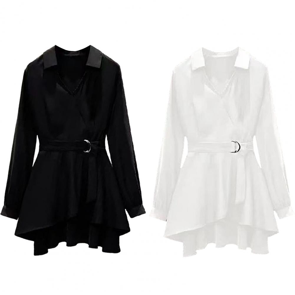 M-4XL Women's Shirt Lapel V Neck Long Sleeves Irregular Hem Plus Size Waist Tight Adjustable Belt Pullover Shirt Female Clothing