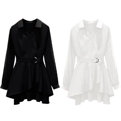 M-4XL Women's Shirt Lapel V Neck Long Sleeves Irregular Hem Plus Size Waist Tight Adjustable Belt Pullover Shirt Female Clothing