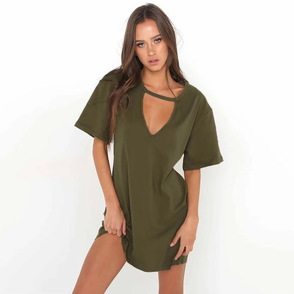 Summer Sexy Mini Black Dress 2026 V Neck Cut Out Loose Dress Women Elegant Short Sleeve Club Party Dress Solid Color Streetwear