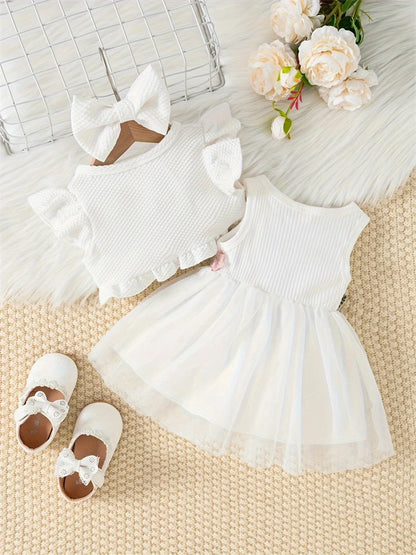 Newborn 2026 Baby Girls Dress Summer Waist Flower Vest Sleeveless Short Top Sweet Girl Lace Mesh Dress