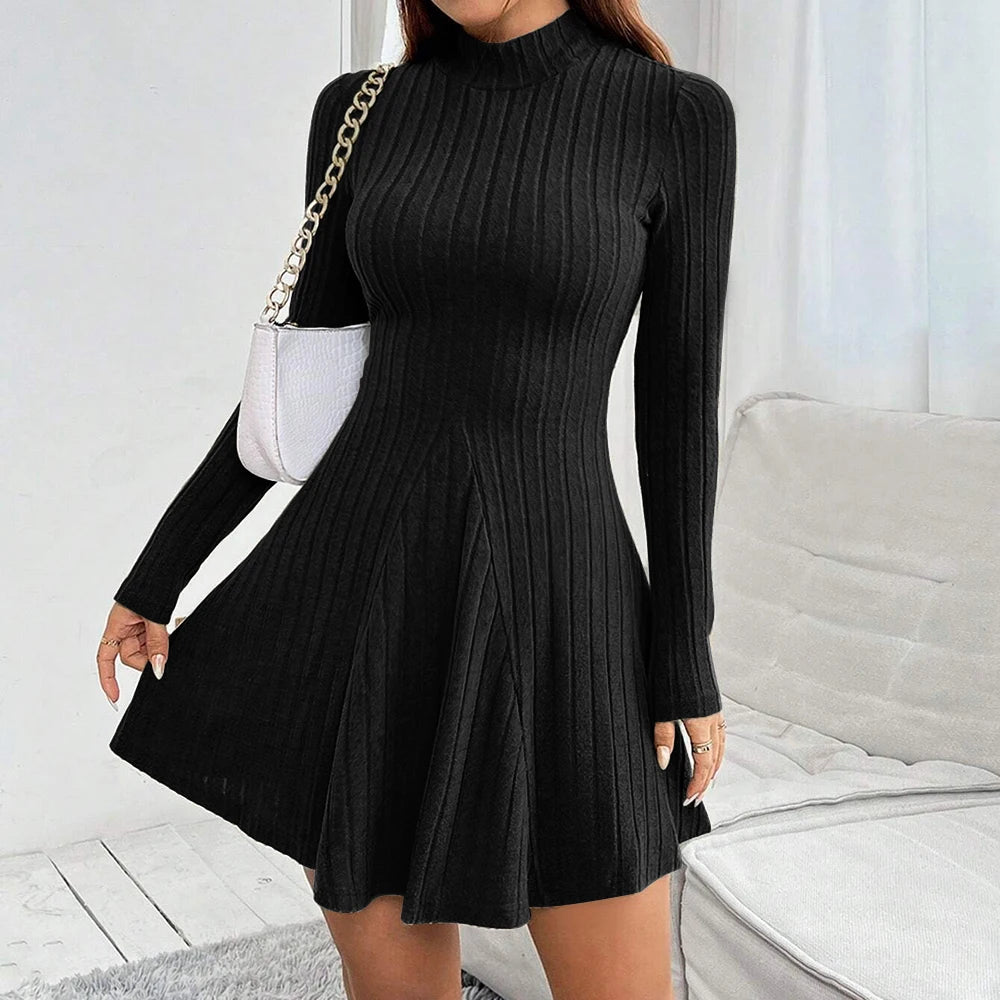Mia Muse Women's Dress Fall Winter Simple Solid Color Long Sleeve Mock Neck A Line High Waisted Flare Hem Casual Short Dress