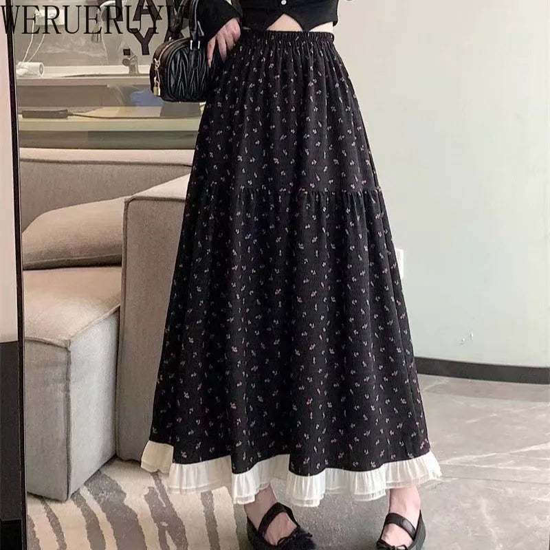 Summer White Floral Long Skirt Women's Y2k Clothes Fashion Elastic High Waist Casual Elegant Spliced Gauze Skirts for Women 2026