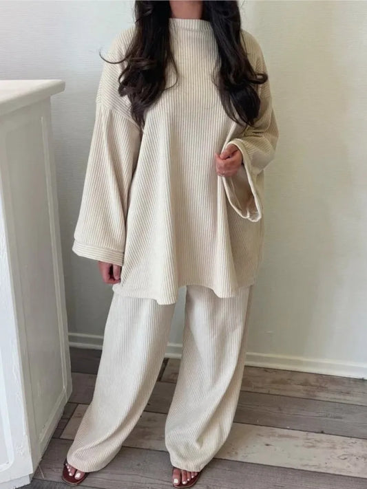 Spring Autumn Solid Color Corduroy Pants Sets Women Loose Long Sleeve Wide Legs Trousers Two Piece Set Female Commuting Clothing