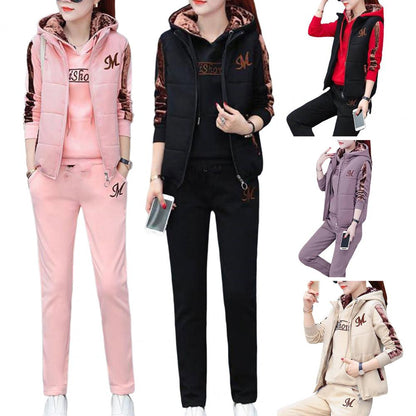 3Pcs/Set Simple Waistcoat Hoodie Pants Patchwork Color Women Tracksuit Multi Pockets Cold Resistant