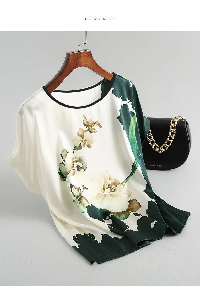 Plus Size Women Silk Satin Blouses Spring Summer Floral Printing Blouse Female Fashion Shirt Tops
