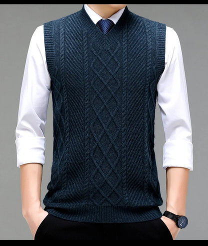 Stylish V-neck Jacquard Knit Sleeveless Sweater Vest for Men Middle-aged Men Fashion Solid Color Warm Top