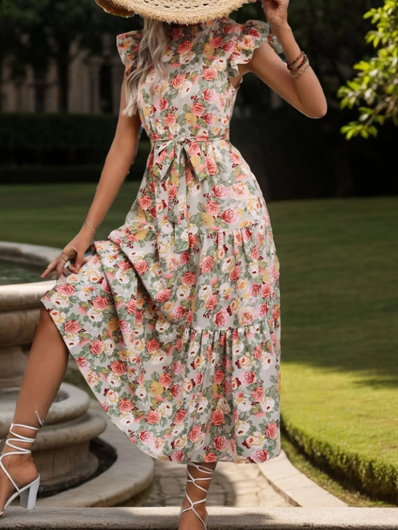 Elegant Floral Prints Dresses For Summer Women Dress 2026 New O-neck Short Flying Sleeves Lace Up High Waisted Midi Dress Woman
