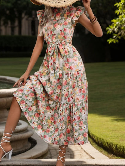 Elegant Floral Prints Dresses For Summer Women Dress 2026 New O-neck Short Flying Sleeves Lace Up High Waisted Midi Dress Woman