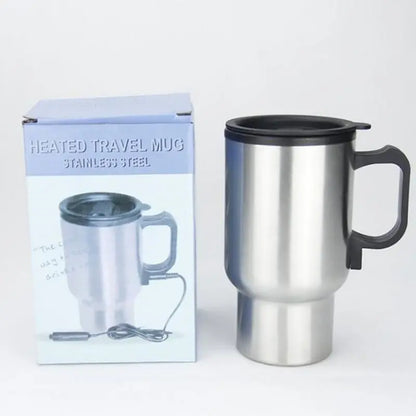 12V Car Heated Mug 450ml Stainless Steel Travel Electric Cup Thermos Cup for Heating Water, Coffee, Milk with Lid, Auto Charger