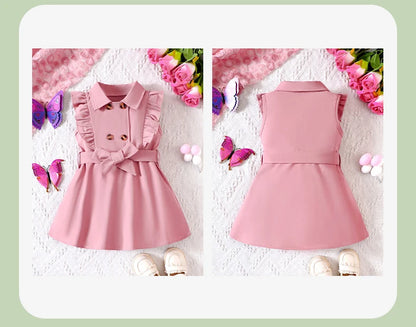Wholesale Kids Girls Retro Solid Color Trench Belted Dress Double Breasted Elegant Summer Baby Dress