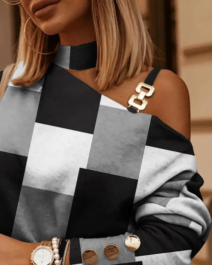Sexy Off Shoulder Halter Neck Women Blouse Long Sleeve Fashion Print Casual Loose Tops 2026 Autumn Elegant Office Ladies Blouses