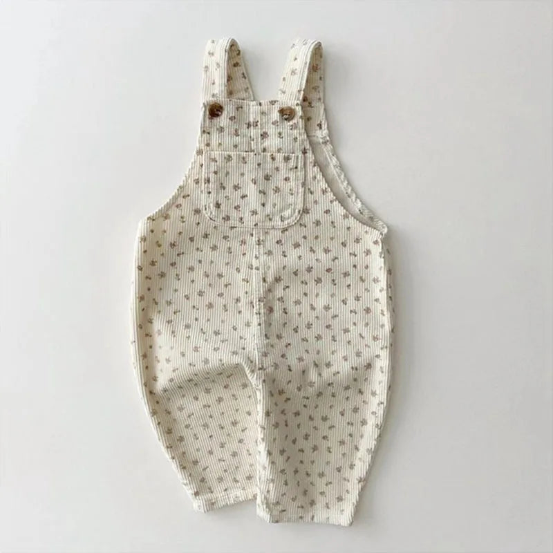 New Autumn Baby Boy Solid Casual Overalls Girls Children Floral Suspenders Jumpsuit Kid Loose Cotton Denim Pants Infant Trouser