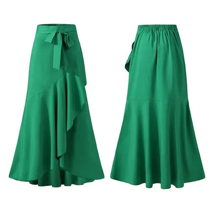 Spring Autumn Women Long Skirt High Waist Lace-up Ruffle Trim Plaid Print Bow Tie Irregular Hem Maxi Skirt Female 2026 New