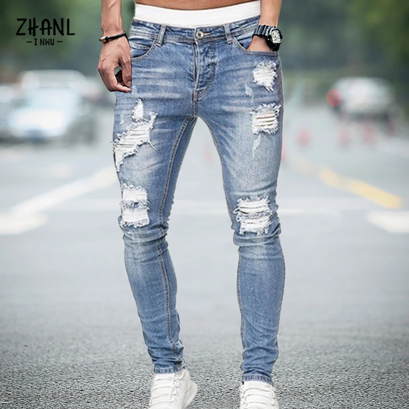 Men's Stretchy Ripped Skinny Embroidered Jeans Men's White Pants Destroyed Hole Slim Fit Denim High Quality Hip Hop Men trousers