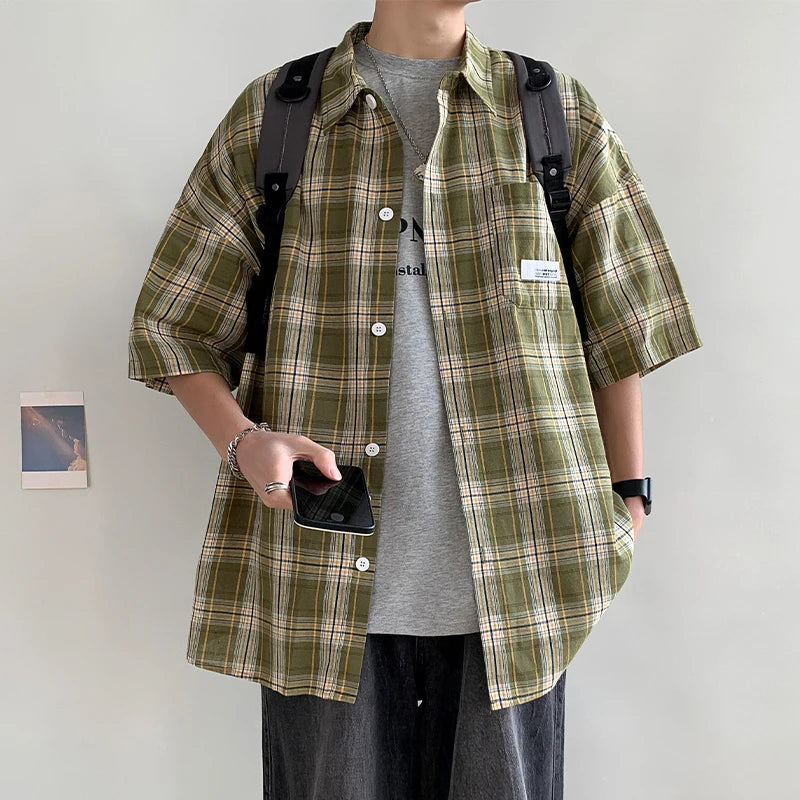 Korean Y2k Streetwear Plaid Shirt Men Shirts 2025 New Summer Fashion Chemise Homme Men's Checkered Shirts Short Sleeve Men Blouse