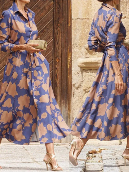 2025 Spring New Women's Fashion Style Printed Sexy Waist Strap Mid Length Single Breasted Long Sleeve Collar Dress