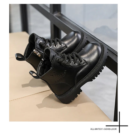 Kid's Winter Cotton Boots Plus Velvet Thickening Water Proof Retro Black Trendy All-match Leather Casual Boys Girls Ankle Boot