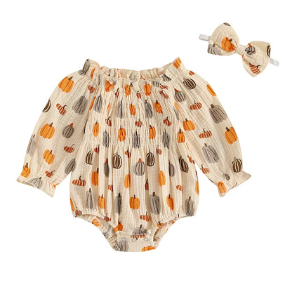 Tregren Infant Baby Girls Valentine's Day Romper Heart Print Long Sleeve Boat Neck Jumpsuits Spring Fall Bodysuits with Headband