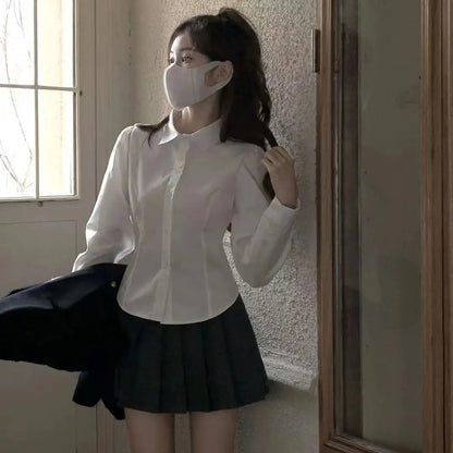 Preppy Bandage Basic White Shirt Women Slim Long Sleeve Cute Top School Uniform Button Down Shirts Blouse Female Polo Neck Lady