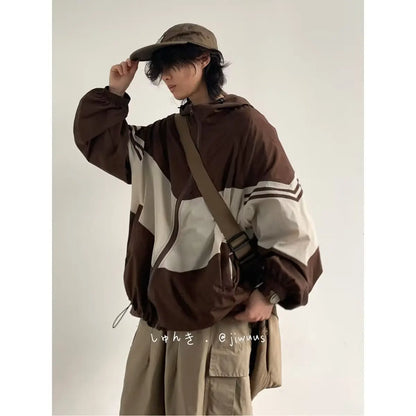 Men Jackets Hooded Baggy Patchwork Contrast Color Fashion Comfortable Waterproof Leisure Daily Retro Outer Japanese Style Chic