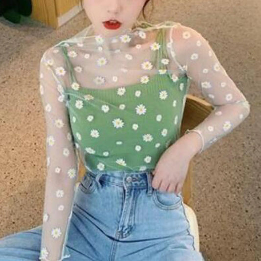 Women Daisy Flower Print Mesh Tops Long Sleeve Sheer Transparent Fishnet T Shirt Fashion Summer Sunscreen Tee 2026
