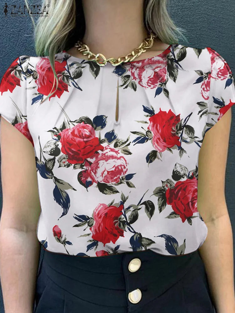 ZANZEA Summer Bohemian Short Sleeve Floral Printed Blouse Women Vintage Holiday Party Shirt Casual Beach Tops Tunic Bulses 2025