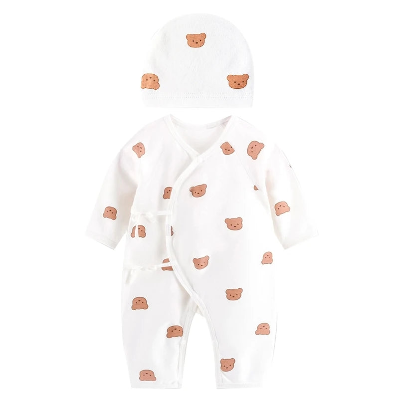 Breathable Newborn Bear Jumpsuit Hospital Hat Spring Outfit Long Sleeves Bodysuits for Baby Girls Boys Unisex Coveralls A2UB