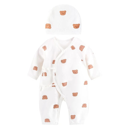 Breathable Newborn Bear Jumpsuit Hospital Hat Spring Outfit Long Sleeves Bodysuits for Baby Girls Boys Unisex Coveralls A2UB