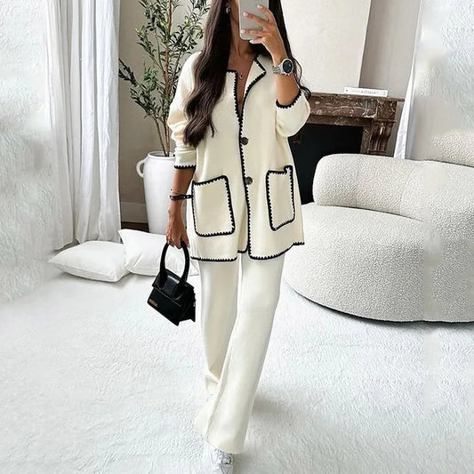 Loose Casual Women's Suit Autumn Double Pocket Single Breasted Cardigan New Fashion Casual Loose Solid Color Two-piece Set