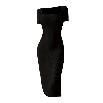 Solid Color Square Neckline Dress Elegant Square Neck Knitted Midi Dress for Women Solid Color Party Commute Dress with Short