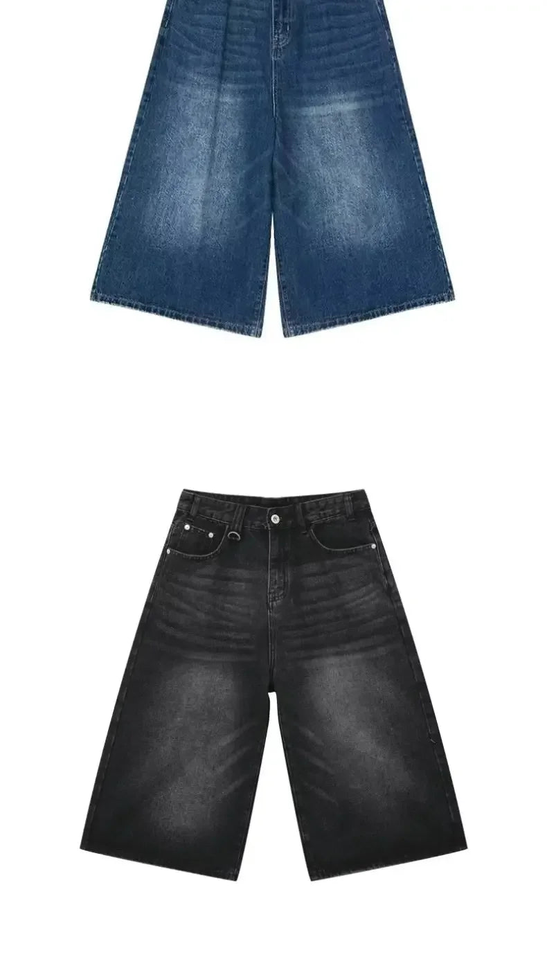 Men Women Y2k Style Baggy Denim Shorts Wide Leg Short Pants Fashion High Waisted Dark Wash Knee Length Loose Unisex Jeans Casual