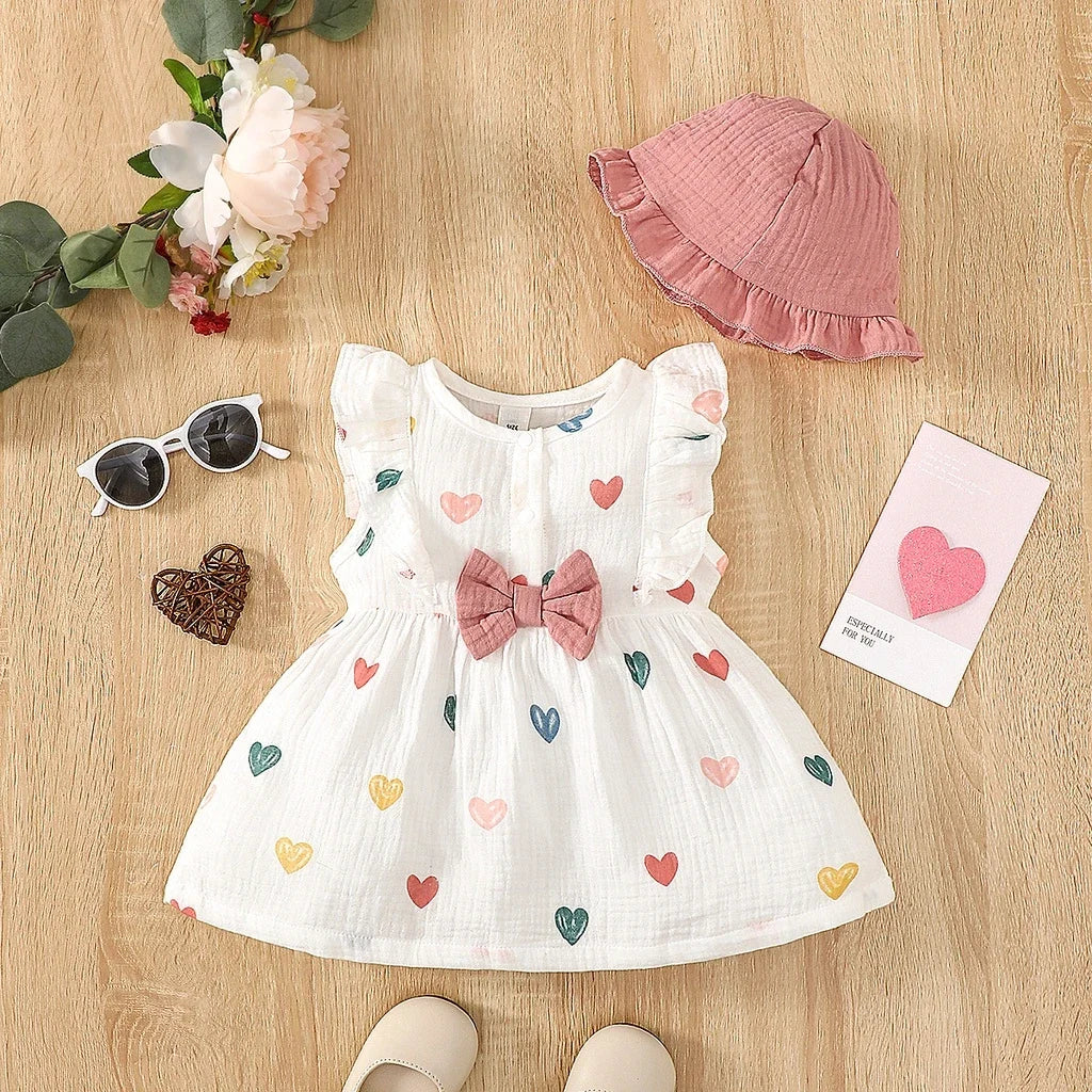 Newborn Baby Girl Sweet Cotton Dress Sleeveless Love Pattern Dress + Hat 2PCS Summer Beach Clothing for Infant Girl 0-9 Months