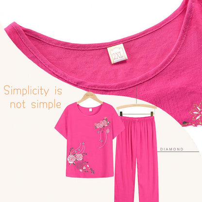 New Arrival Female Pajamas Set Sleepwear Women Cotton Print Flower Pyjamas Summer Loose Nightwear Home Large XL-4XL