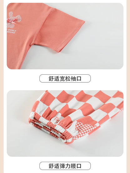 Cotton Womens Pajamas Sets Long Pants Leisure Woman's Sleepwear Ladies Elegant Lattice Printing Pajama Girls Homeware Suit