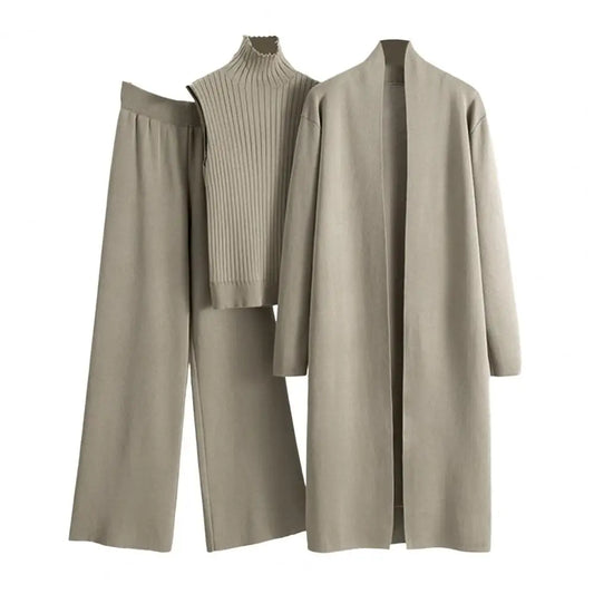 3 Pcs/Set Women Sweater Coat Vest Pants Knitted Turtle Neck Sleeveless Sweater Mid Length Cardigan Fall Winter Two Pieces Set