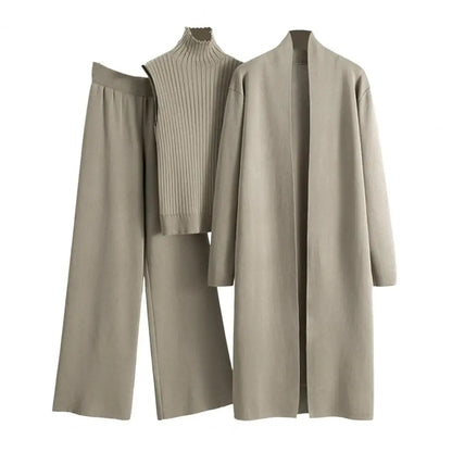3 Pcs/Set Women Sweater Coat Vest Pants Knitted Turtle Neck Sleeveless Sweater Mid Length Cardigan Fall Winter Two Pieces Set