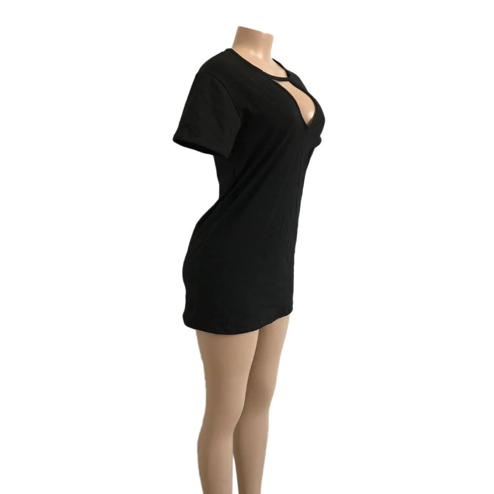 Summer Sexy Mini Black Dress 2026 V Neck Cut Out Loose Dress Women Elegant Short Sleeve Club Party Dress Solid Color Streetwear