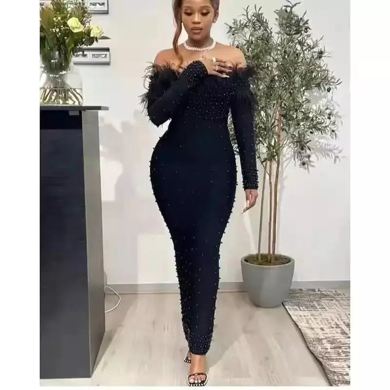 Luxury Feather Beading Party Dress For Women Sexy Off Shoulder Long Sleeve Elegant Bodycon Formal Event Evening Wedding Robes